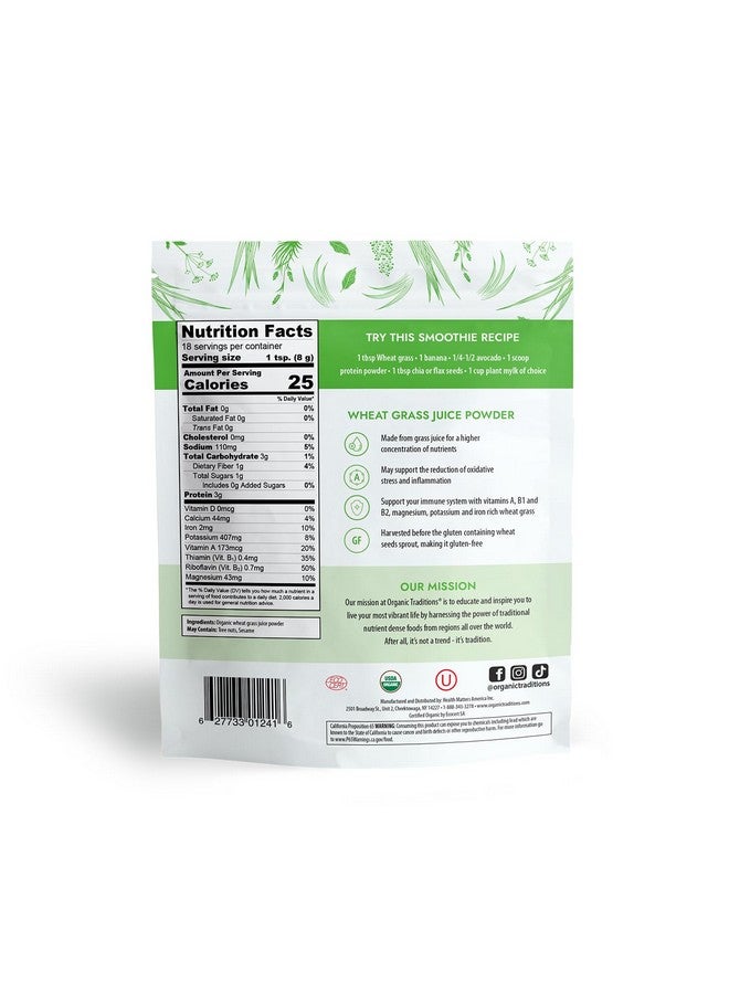Organic Traditions مسحوق عشب القمح العضوي من تقاليد عضوية، مسحوق عشب القمح العضوي خالي من الغلوتين، مسحوق عصير عشب القمح العضوي النباتي غير المعدل وراثيًا، 5.3 أونصة (150 جرام) كيس، 18 حصة لكل كيس - Image 2
