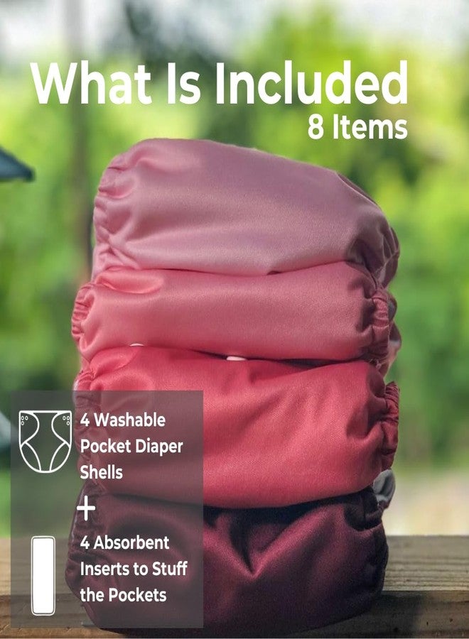 Nora's Nursery Cloth Pocket Diapers 4 Pack with 4 Inserts - Waterproof Cover, Washable, Reusable & One Size Adjustable Pocket Diapers for Newborns and Toddlers - Berry Mauve - Image 2