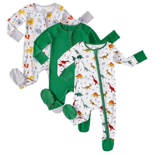 OPAWO Baby Boy Pajamas 3 Pack Dubble Zipper Newborn Footie Pajamas with Mitten Cuffs Infant Sleepers for Baby Girl OnsiesAnimalsDinosaursGreen1824 Months - Image 1