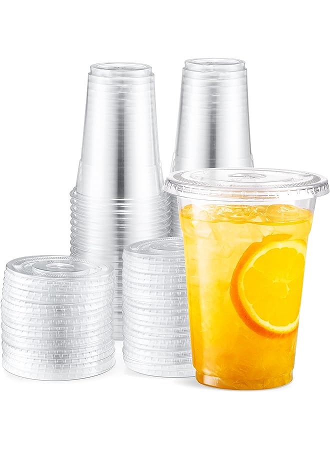 راكسوم أكواب بلاستيكية شفافة بأغطية سعة 16 أونصة 100 طقم أكواب بلاستيكية للاستعمال مرة واحدة مع أغطية مسطحة للاستخدام، أكواب المشروبات الباردة، أكواب العصائر، أكواب القهوة المثلجة للاستعمال مرة واحدة - Image 1