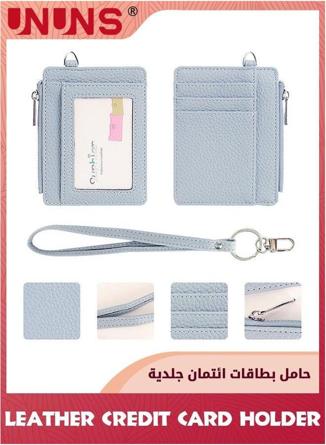 UNUNS Small Wallet For Women,Leather Credit Card Holder Slim Wristlet Keychain With Zipper Pocket,Slim Minimalist Front Pocket Wallet,Blue  - Image 2
