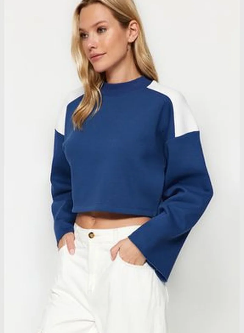 trendyol Indigo Thick Fleece Interior Color Block Comfort Cut Crop Knitted Sweatshirt TWOAW24SW00350