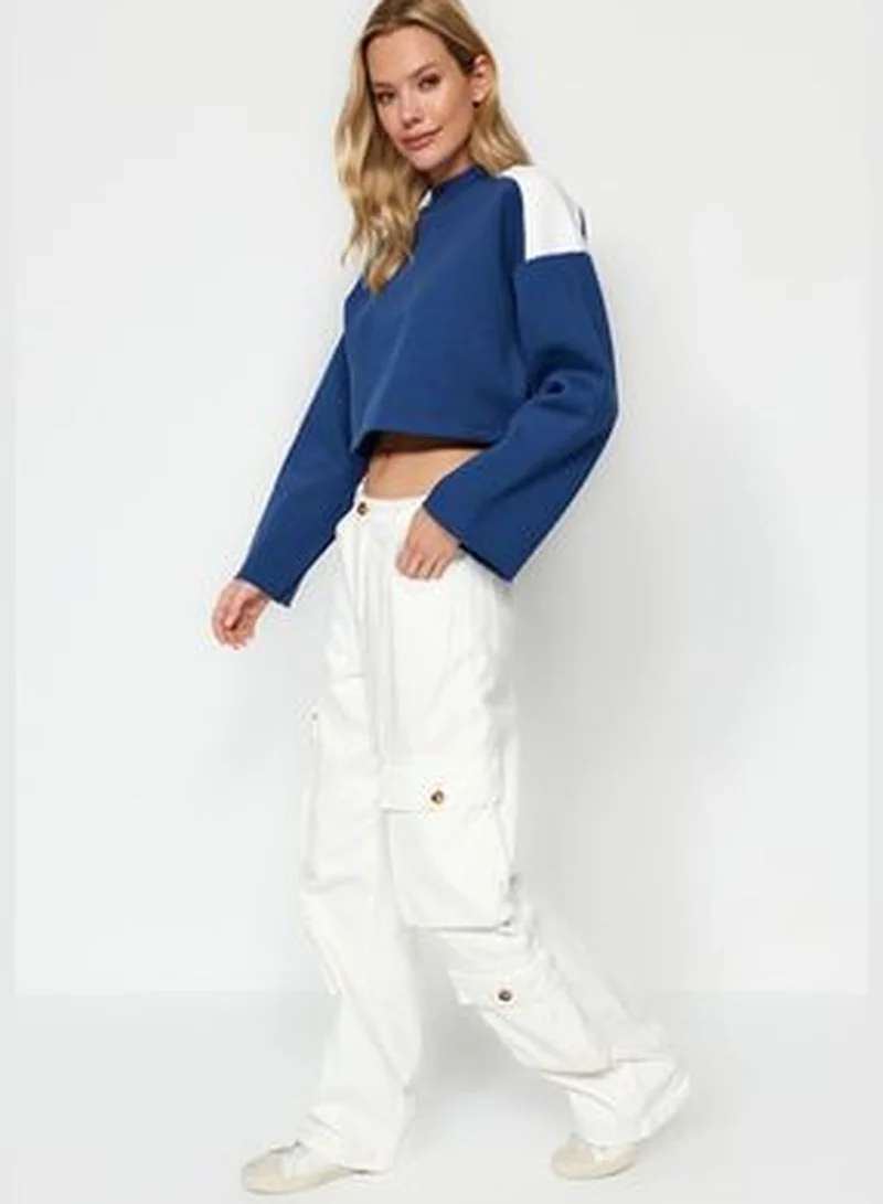 trendyol Indigo Thick Fleece Interior Color Block Comfort Cut Crop Knitted Sweatshirt TWOAW24SW00350