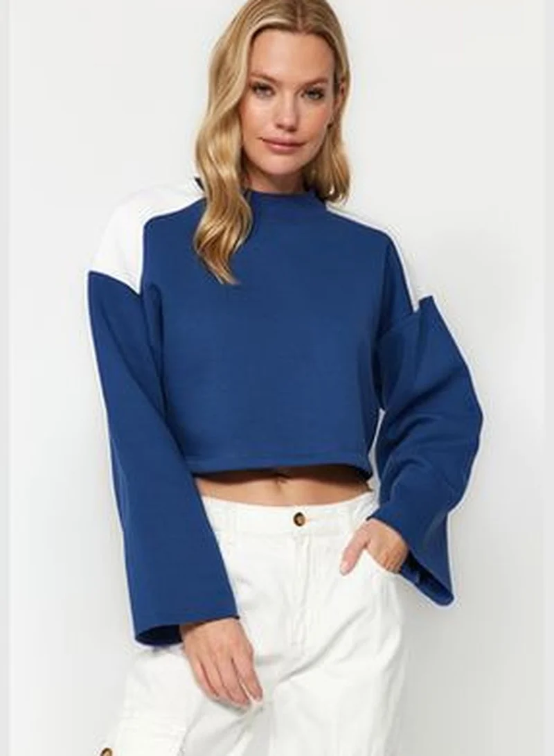 trendyol Indigo Thick Fleece Interior Color Block Comfort Cut Crop Knitted Sweatshirt TWOAW24SW00350