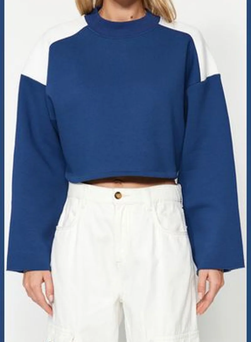 trendyol Indigo Thick Fleece Interior Color Block Comfort Cut Crop Knitted Sweatshirt TWOAW24SW00350