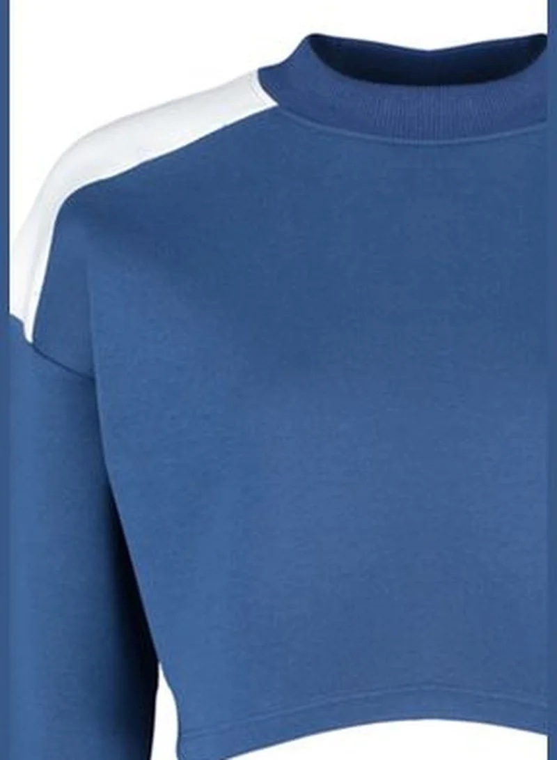 trendyol Indigo Thick Fleece Interior Color Block Comfort Cut Crop Knitted Sweatshirt TWOAW24SW00350
