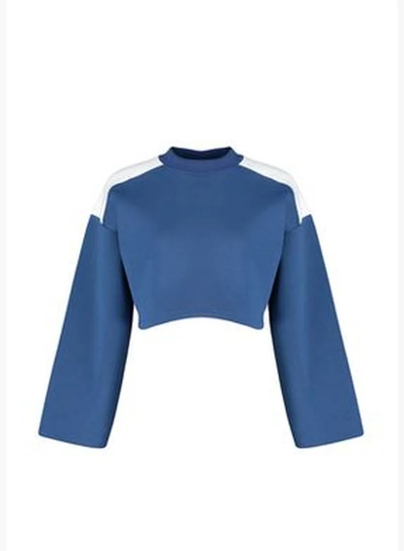 trendyol Indigo Thick Fleece Interior Color Block Comfort Cut Crop Knitted Sweatshirt TWOAW24SW00350