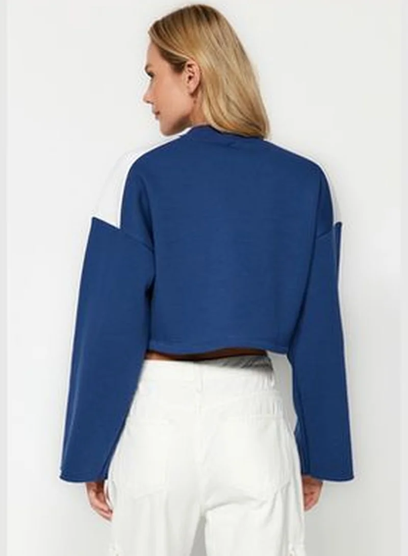 trendyol Indigo Thick Fleece Interior Color Block Comfort Cut Crop Knitted Sweatshirt TWOAW24SW00350