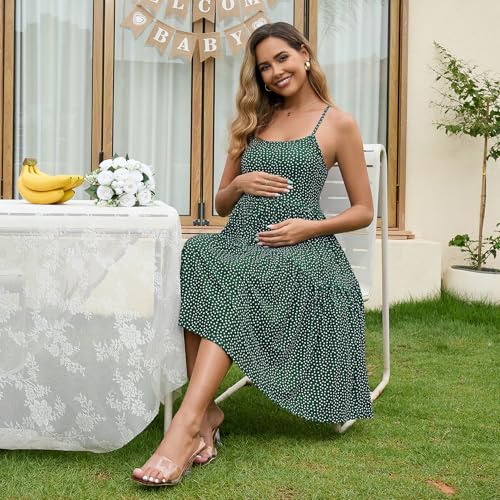 GINKANA Sleeveless Maternity Tank Dress Cami Maternity Adjustable Strappy Summer Beach Swing Dress,Green with White Dot,M - Image 5