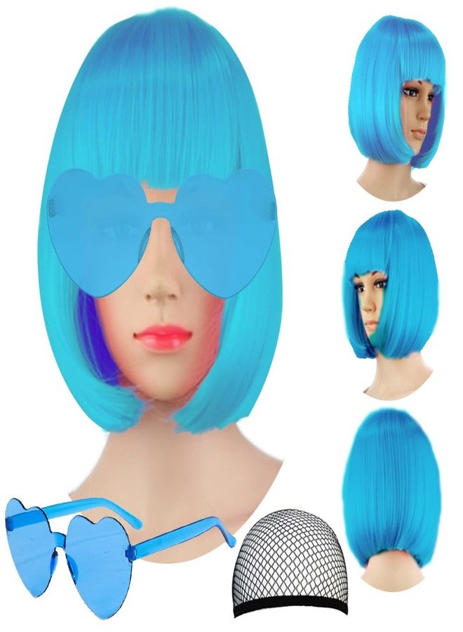 LIULIUBTY Short Bob Hair Wigs Straight with Flat Bangs Synthetic Colorful Cosplay Daily Party Neon Wig for Women with Wig Cap 12" Natural As Real (Teal Blue) - Image 1