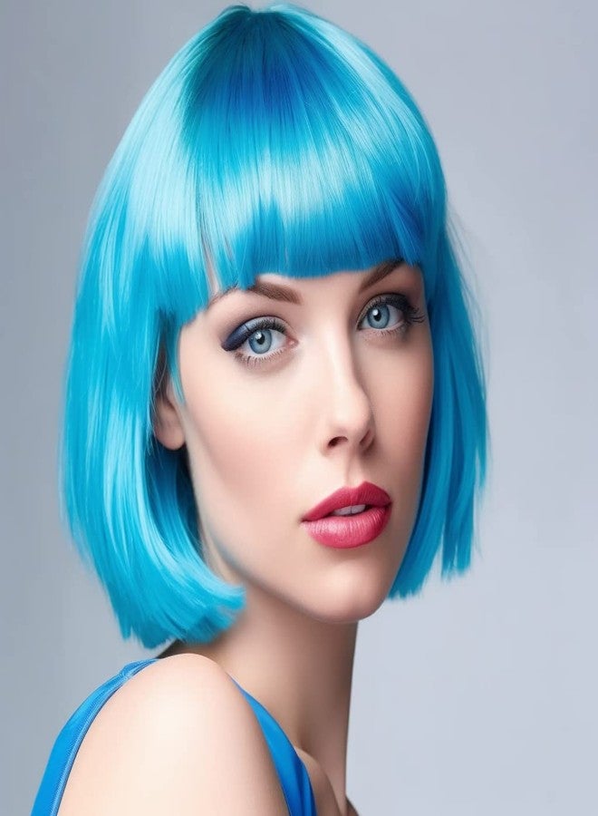 LIULIUBTY Short Bob Hair Wigs Straight with Flat Bangs Synthetic Colorful Cosplay Daily Party Neon Wig for Women with Wig Cap 12" Natural As Real (Teal Blue) - Image 3