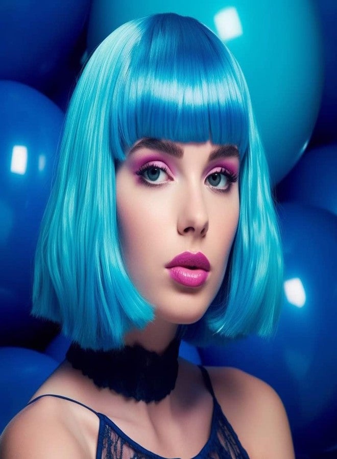 LIULIUBTY Short Bob Hair Wigs Straight with Flat Bangs Synthetic Colorful Cosplay Daily Party Neon Wig for Women with Wig Cap 12" Natural As Real (Teal Blue) - Image 4