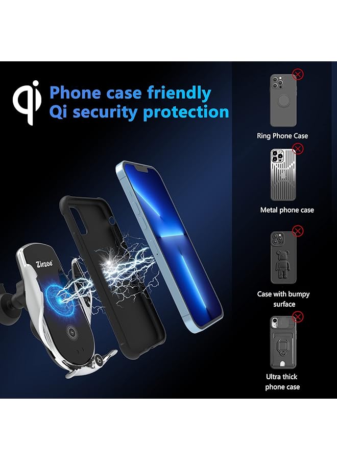 KASTWAVE Wireless Car Charger - 15W Qi Fast Charging, Smart Sensor Air Vent Mount For Iphone And All Smartphones - One-Hand Operation, 360° Rotation - Silver - Image 4