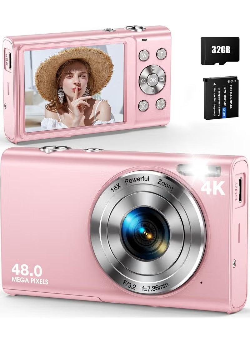 Lecran 4K UHD 48MP Digital Camera with 32GB Card, 16X Zoom, Auto Focus Compact Photography Camera for Teens & Adults - Pink - Image 1