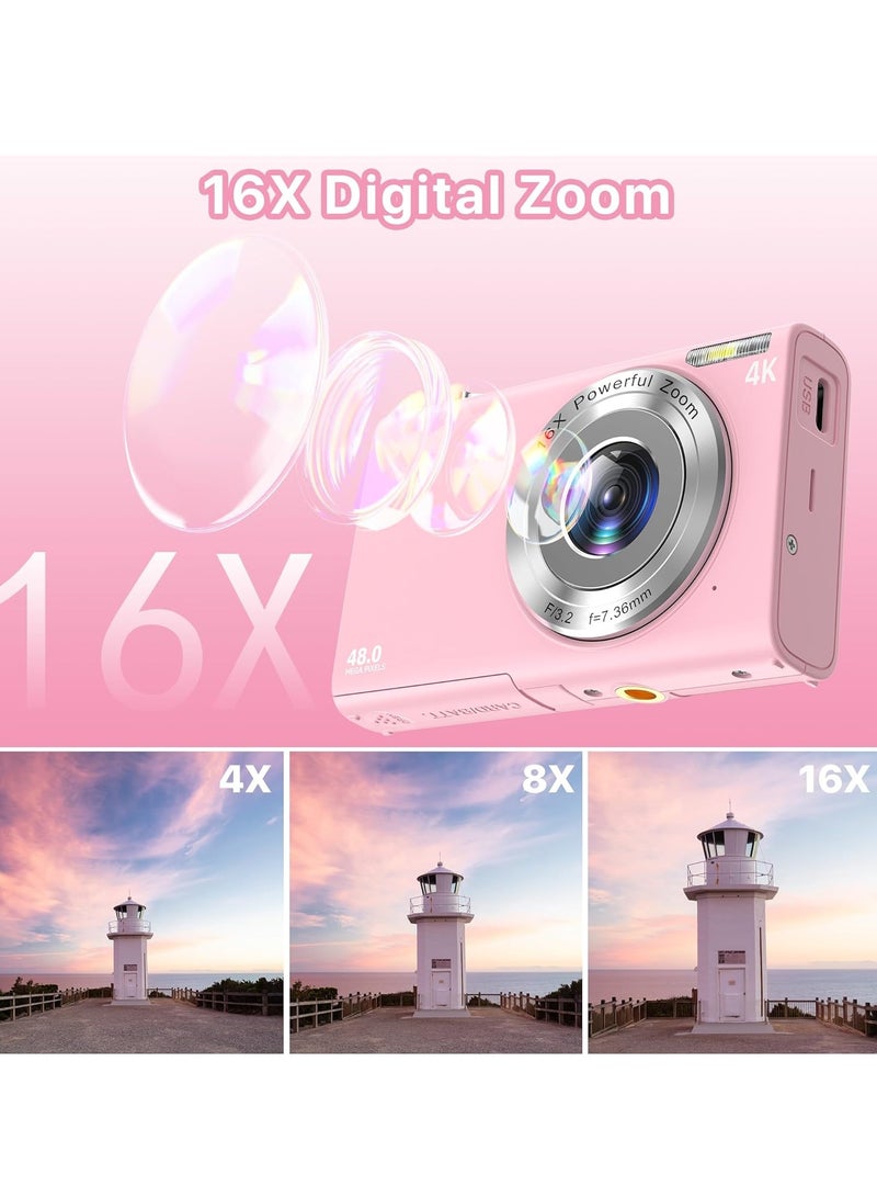 Lecran 4K UHD 48MP Digital Camera with 32GB Card, 16X Zoom, Auto Focus Compact Photography Camera for Teens & Adults - Pink - Image 3