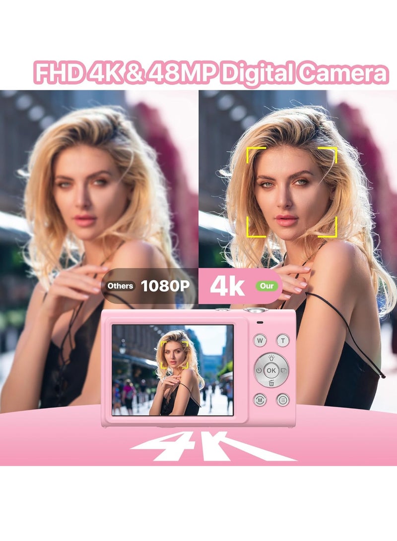Lecran 4K UHD 48MP Digital Camera with 32GB Card, 16X Zoom, Auto Focus Compact Photography Camera for Teens & Adults - Pink - Image 2