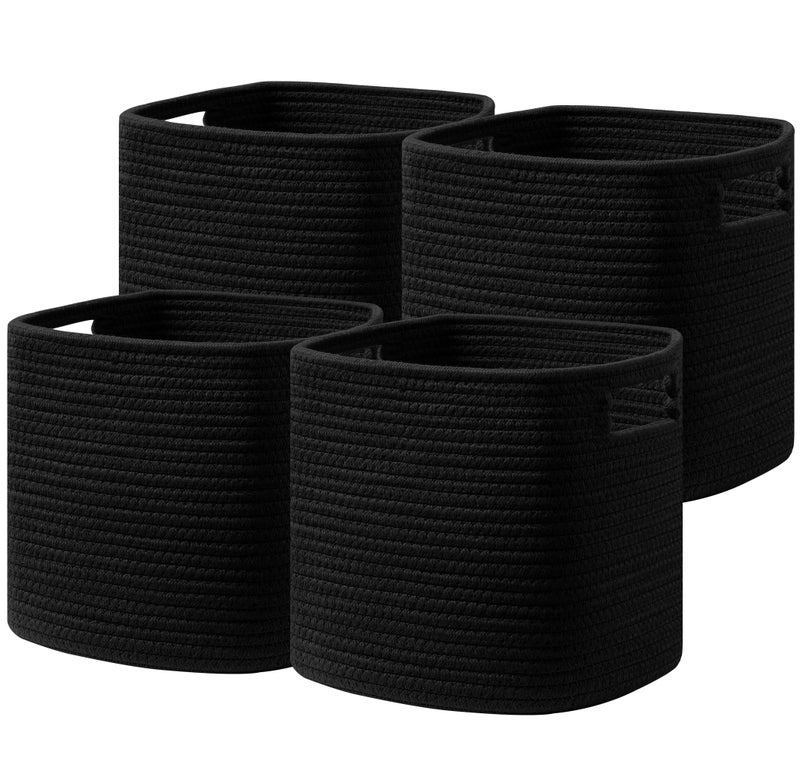 UBBCARE Set of 4 Storage Bins  11 X 105 X 105 in Cotton Rope Bins for Shelves Toys Books Cube Storage with Handles Woven Black Basket for Organizing