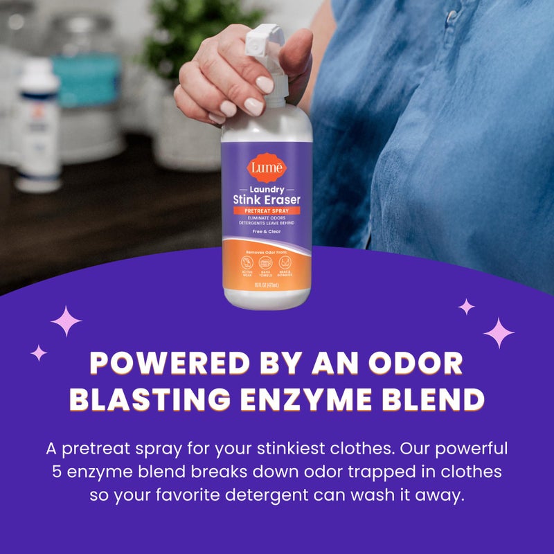 Lume Laundry Stink Eraser - Pretreat Spray & Laundry Brush - Eliminates Body Odor In Clothes - Odor Blasting Enzyme Blend - Makes Your Detergent Work Better - Free And Clear - 16 fluid ounces - Image 3