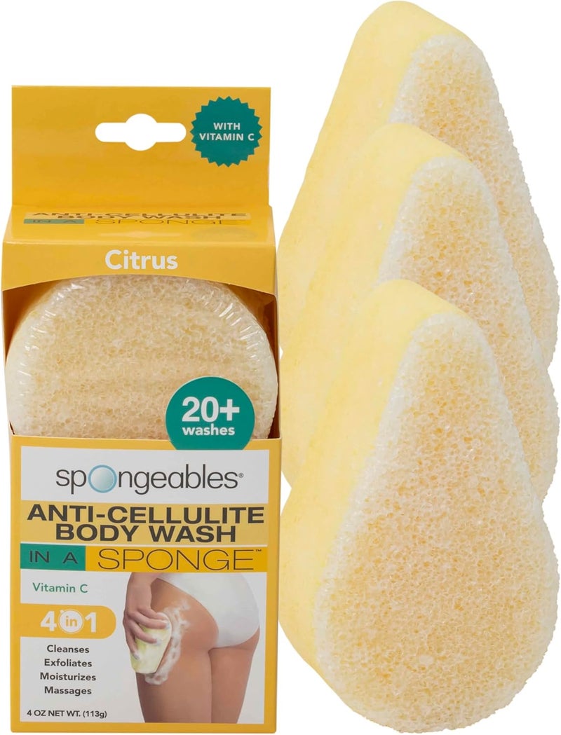 Spongeables Anti Cellulite Body Wash in a 20+ Wash Sponge, Citrus, 3 Count