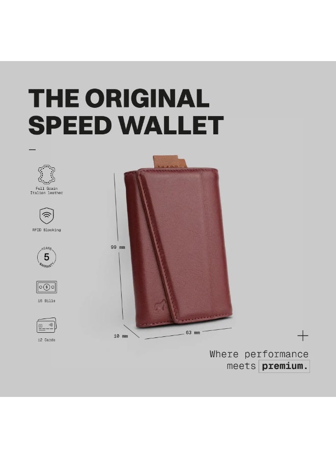 The Frenchie Co. Speed Wallet | Ultra Slim Front Pocket Wallet for Men & Women | RFID Blocking Quick-Access Card Holder with Pull Tab | Full-Grain Italian Leather Minimalist Design | Holds up to 14 Cards & Cash (Burgundy-Tan) - Image 2