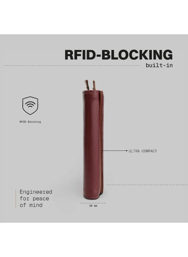 The Frenchie Co. Speed Wallet | Ultra Slim Front Pocket Wallet for Men & Women | RFID Blocking Quick-Access Card Holder with Pull Tab | Full-Grain Italian Leather Minimalist Design | Holds up to 14 Cards & Cash (Burgundy-Tan) - Image 4
