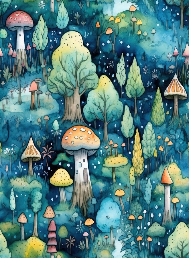 FunStick ورق حائط FunStick Whimsical Mushroom قابل للإزالة واللصق باللون الأخضر والأزرق لجدران غرف النوم، ورق حائط قابل للإزالة واللصق بنقشة الفطر لخزائن غرف الأطفال، مقاس 17.5×118 سم - Image 1