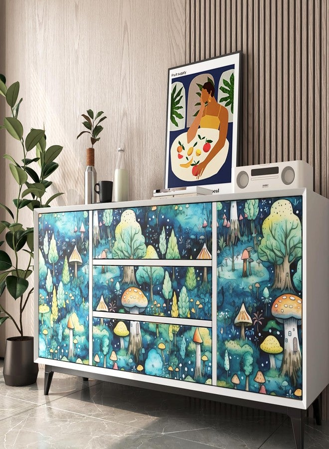 FunStick ورق حائط FunStick Whimsical Mushroom قابل للإزالة واللصق باللون الأخضر والأزرق لجدران غرف النوم، ورق حائط قابل للإزالة واللصق بنقشة الفطر لخزائن غرف الأطفال، مقاس 17.5×118 سم - Image 5