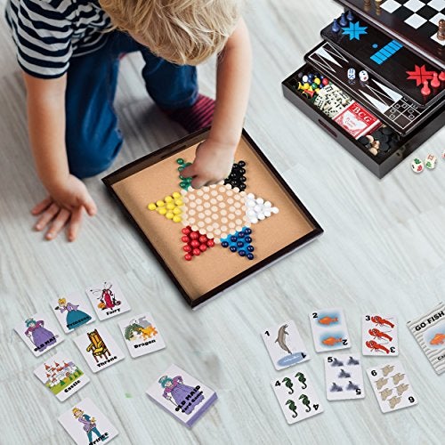 Etna Board Game Set - Deluxe 15 in 1 Tabletop Wood-accented Game Center with Storage Drawer (Checkers, Chess, Chinese Checkers, Parcheesi, TicTacToe, SOlitaire, Snakes and Ladders, Mancala, Backgammon, Poker Dice, Playing Cards, Go Fish, Old Maid, and Dominos) - Image 3