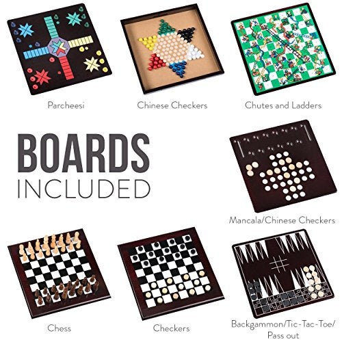 Etna Board Game Set - Deluxe 15 in 1 Tabletop Wood-accented Game Center with Storage Drawer (Checkers, Chess, Chinese Checkers, Parcheesi, TicTacToe, SOlitaire, Snakes and Ladders, Mancala, Backgammon, Poker Dice, Playing Cards, Go Fish, Old Maid, and Dominos) - Image 4