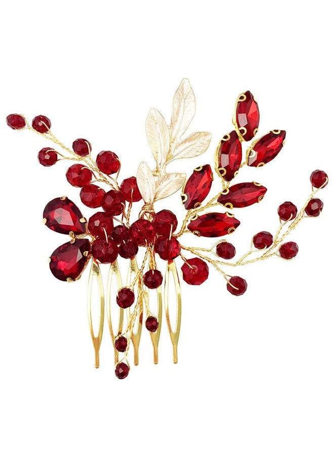 BETITETO - Crystal Bridal Hair Comb Wedding Gold Vine Leaf Rhinestone Hair Piece Accessories for Women Girls (Wine Red) - Image 1