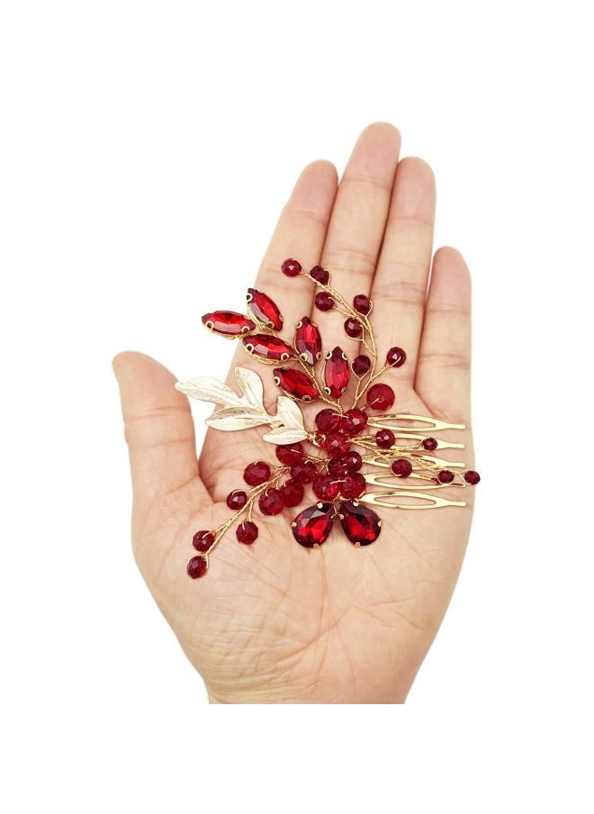 BETITETO - Crystal Bridal Hair Comb Wedding Gold Vine Leaf Rhinestone Hair Piece Accessories for Women Girls (Wine Red) - Image 1
