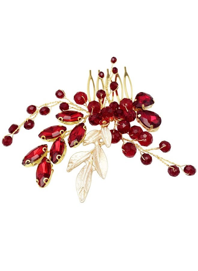BETITETO - Crystal Bridal Hair Comb Wedding Gold Vine Leaf Rhinestone Hair Piece Accessories for Women Girls (Wine Red) - Image 1
