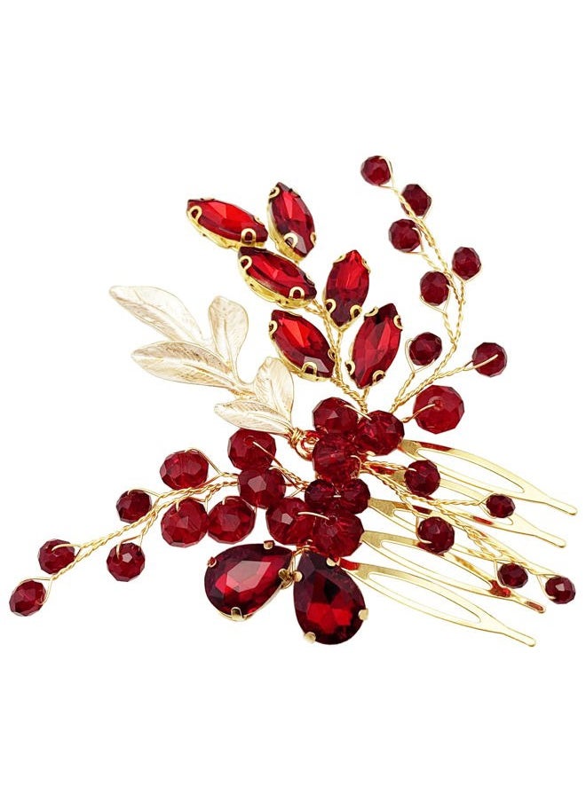 BETITETO - Crystal Bridal Hair Comb Wedding Gold Vine Leaf Rhinestone Hair Piece Accessories for Women Girls (Wine Red) - Image 1
