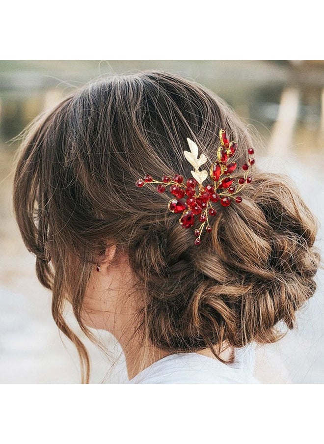 BETITETO - Crystal Bridal Hair Comb Wedding Gold Vine Leaf Rhinestone Hair Piece Accessories for Women Girls (Wine Red) - Image 1