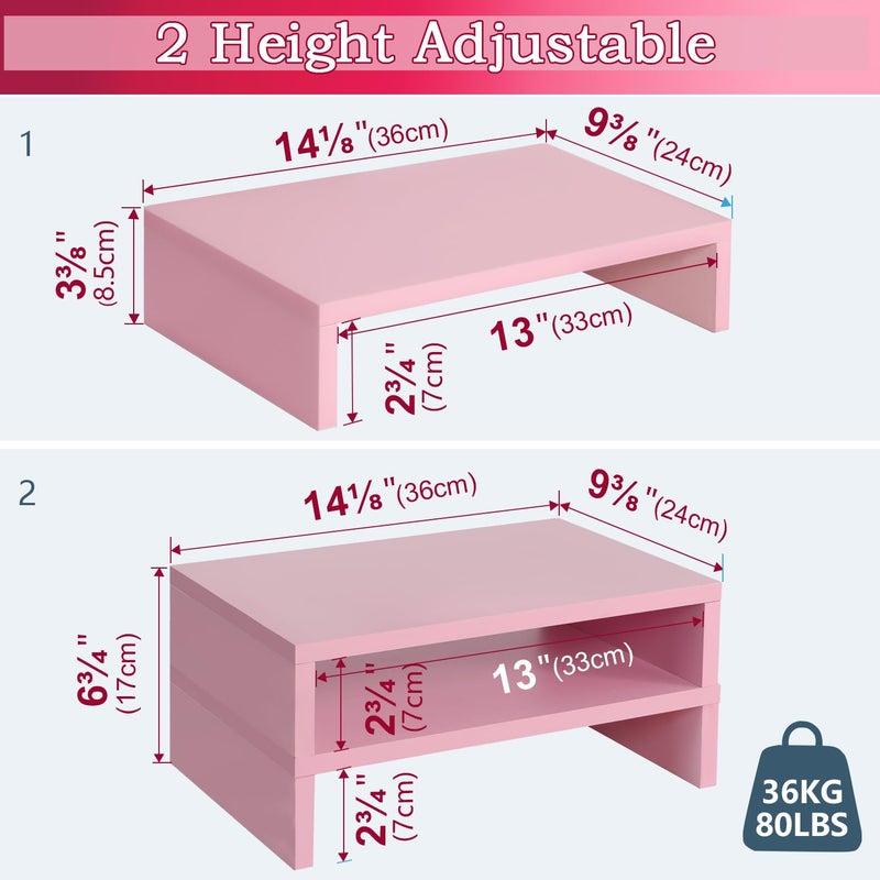 TEAMIX Pink Monitor Stand Riser-2 Pack,Wood 2 Tier Adjustable Monitor Stand Dual Monitor Riser for 2 Monitors/Laptop/PC Computer Stand for Desk - Image 4