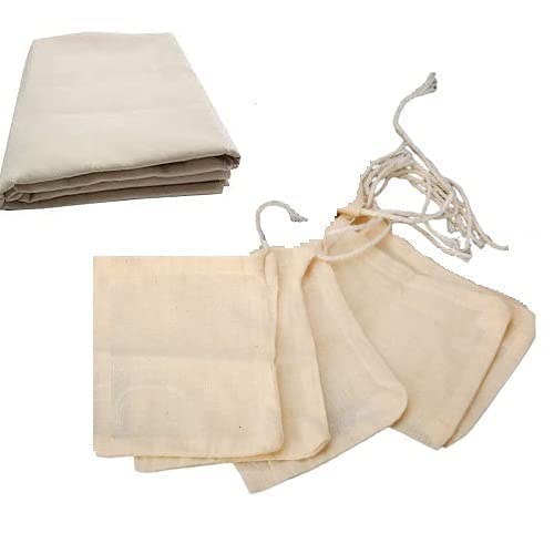 WUD 5 Pc Muslin Cheese Cloth Bags + 1x1 mtr Muslin Cloth for Kitchen | Paneer, Sprouts, Nutmilk, Coconut Milk, Spice Potli Bag - Image 1