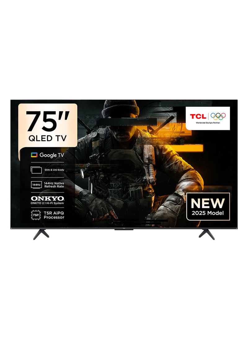 تي سي إل تلفزيون 75 بوصة سمارت 4K QLED ملون كريستال كوانتم HDR 10+ للألعاب جوجل TV، معدل تحديث أصلي 144 هرتز، ONKYO 2.1 هاي فاي، دولبي أتموس، MEMC، ماستر الألعاب، (طراز 2025) - Image 1