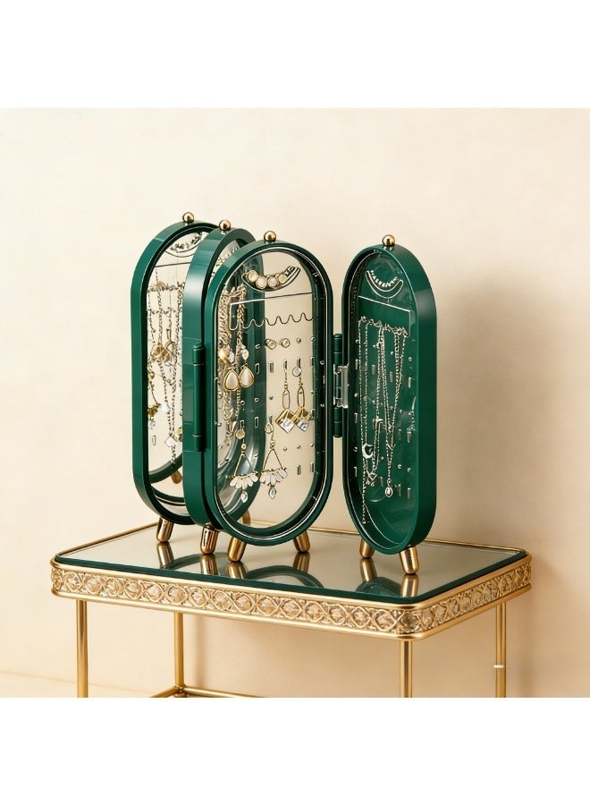 صندوق تخزين مجوهرات بشاشة قابلة للطي من أربع طبقات ، حامل قرط ، مزود بمرآة عالية الوضوح وحامل قلادة ، مناسب لوضع الأقراط والقلائد والأساور (أخضر) - Image 2
