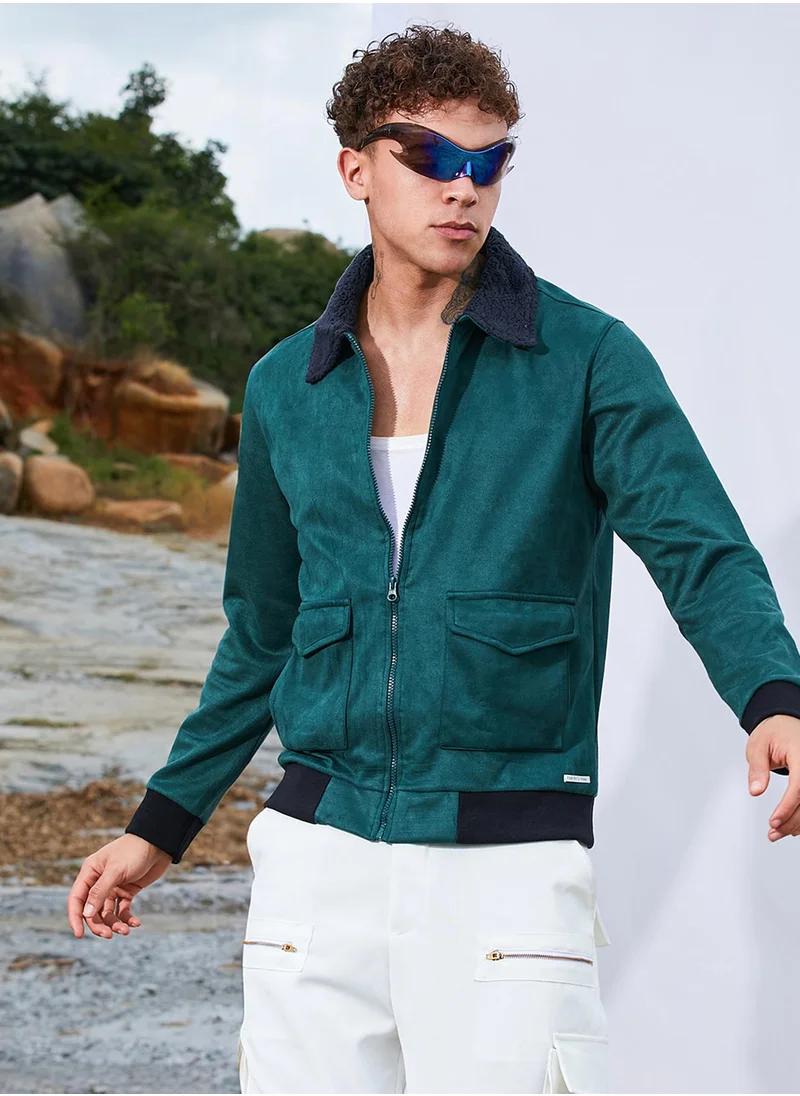 Campus Sutra Men's Emerald Green Zip-Front Jacket With Fleece Collar