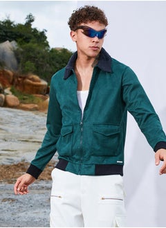 Campus Sutra Men's Emerald Green Zip-Front Jacket With Fleece Collar  - Image 1
