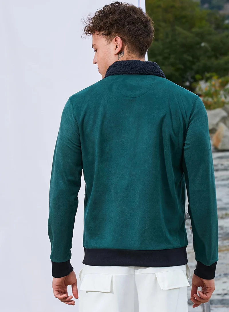 كامبوس سوترا Men's Emerald Green Zip-Front Jacket With Fleece Collar