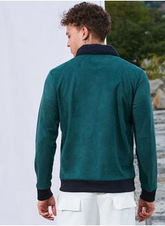 Campus Sutra Men's Emerald Green Zip-Front Jacket With Fleece Collar  - Image 5