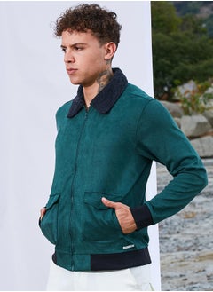 Campus Sutra Men's Emerald Green Zip-Front Jacket With Fleece Collar  - Image 2