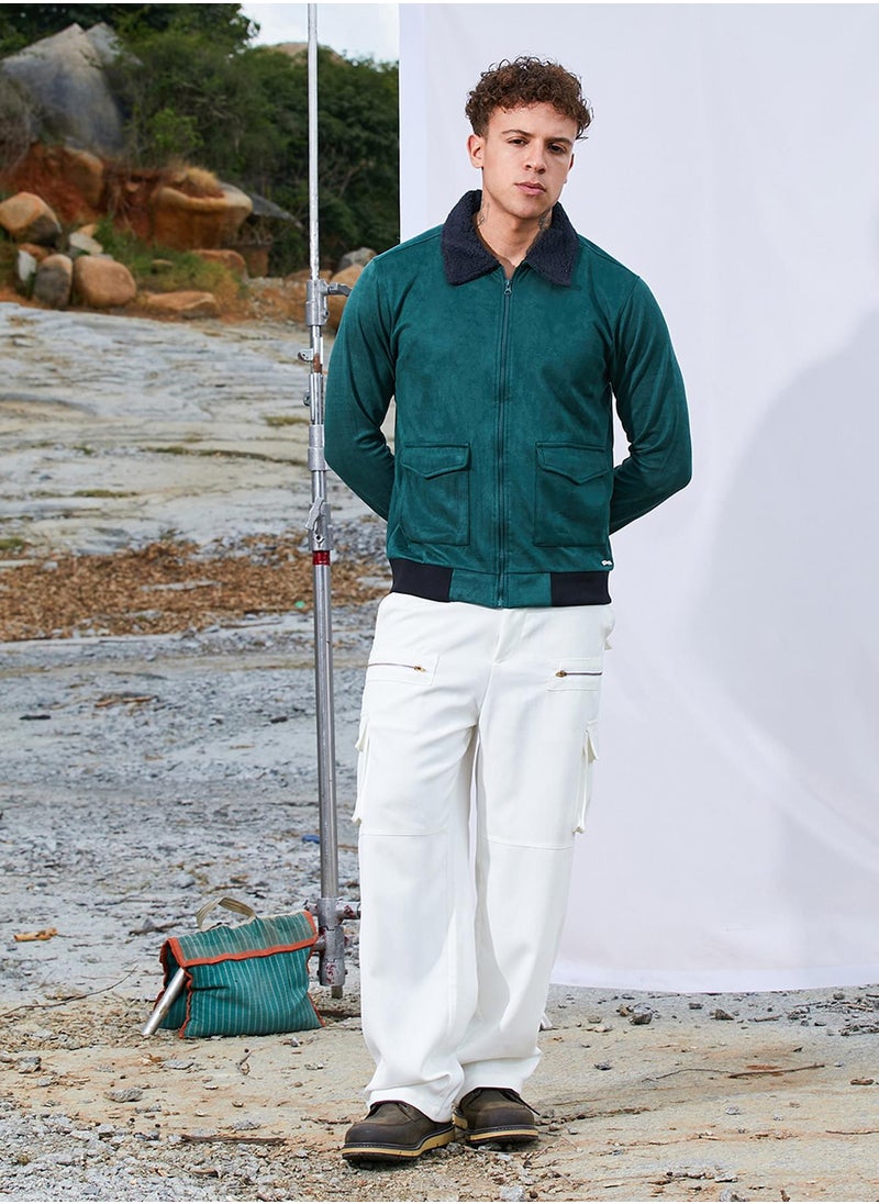 كامبوس سوترا - Men's Emerald Green Zip-Front Jacket With Fleece Collar - Image 1