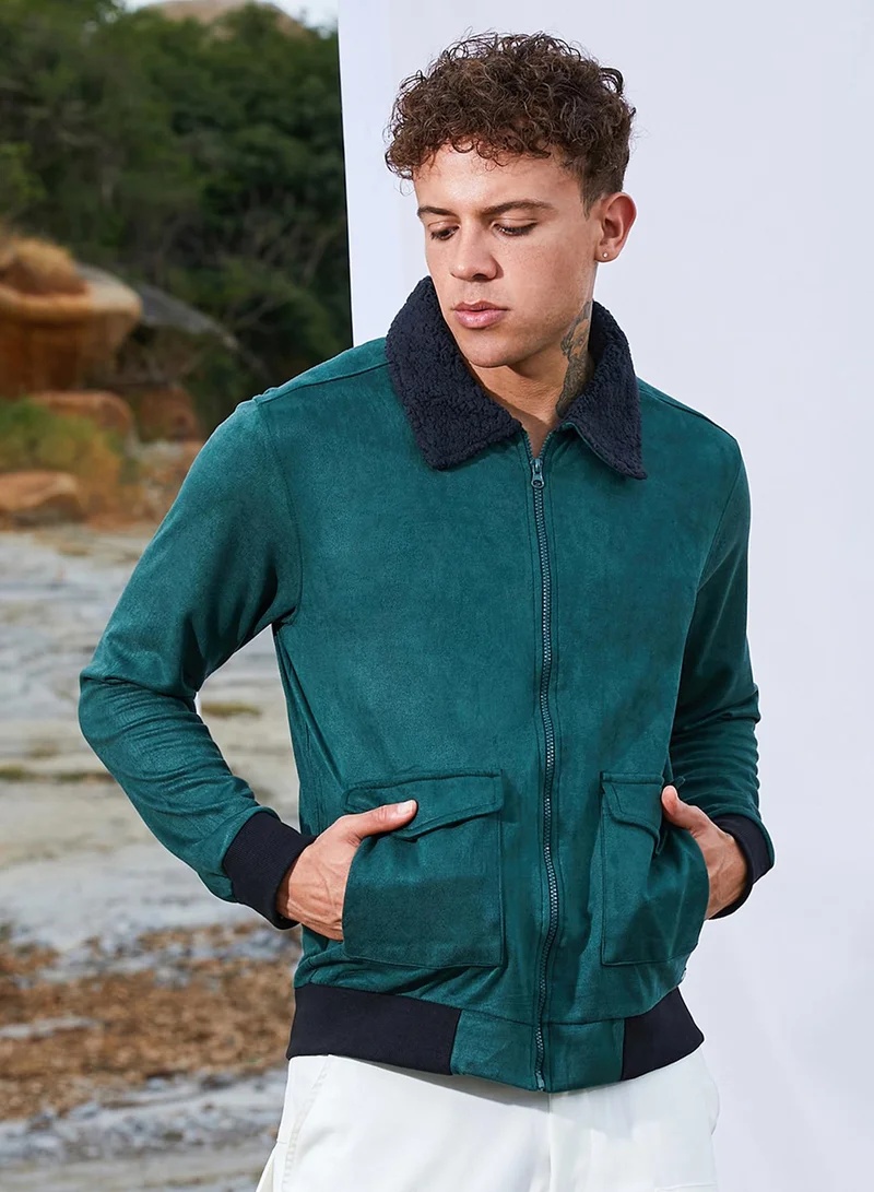 كامبوس سوترا Men's Emerald Green Zip-Front Jacket With Fleece Collar