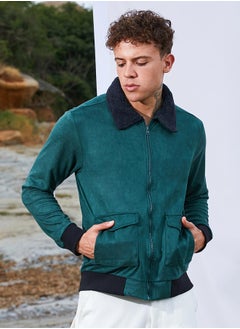 Campus Sutra Men's Emerald Green Zip-Front Jacket With Fleece Collar  - Image 3