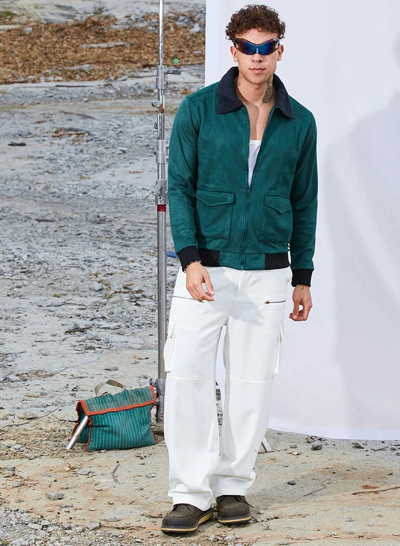 كامبوس سوترا Men's Emerald Green Zip-Front Jacket With Fleece Collar