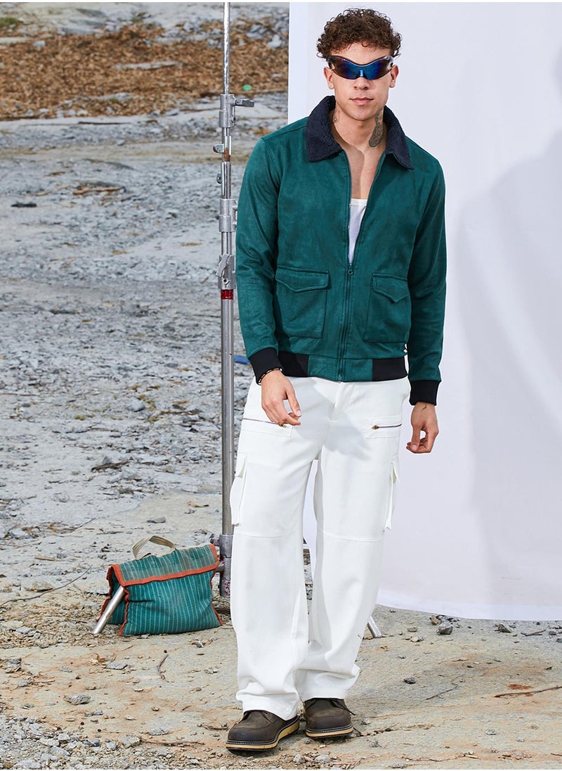 كامبوس سوترا - Men's Emerald Green Zip-Front Jacket With Fleece Collar - Image 1