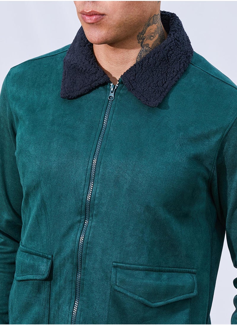 كامبوس سوترا - Men's Emerald Green Zip-Front Jacket With Fleece Collar - Image 1