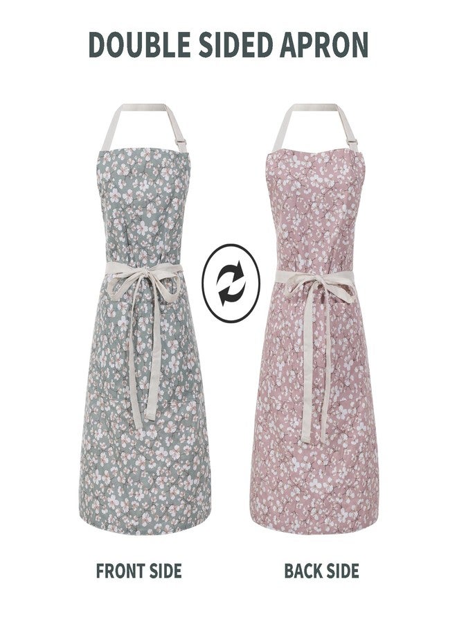 Aoomzoon Kitchen Aprons for Women with 2 Pockets,Double Sided Vintage Adjustable Apron for Gardening Cooking Arting Painting (Pink/Green) - Image 2